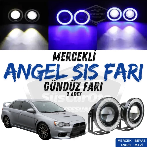 Mitsubishi Lancer 2007-2014 Uyumlu Üniversal Mercekli Angel Sis Farı Metal Su Geçirmez 76 mm Mavi Halkalı Gündüz Farı Angel Eyes 2 Adet