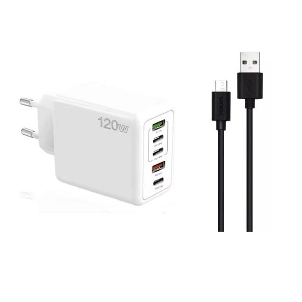 ScHitec 120W 3 Type-C + 2 UsbA Toplam 5 Çıkışlı Philips 3A 45W UsbA to Micro Kablolu Şarj Aleti Beyaz SR104
