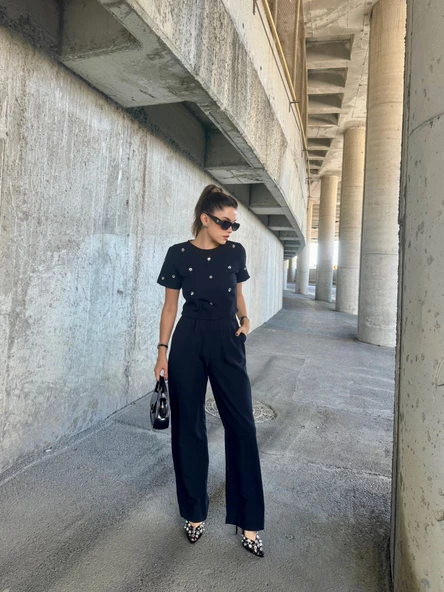 İthal ATLAS KUMAŞ ÖZEL DİKİLMİŞ TAŞ TASARIMLI İKİLİ TAKIM TİŞÖRT PANTOLON - 6