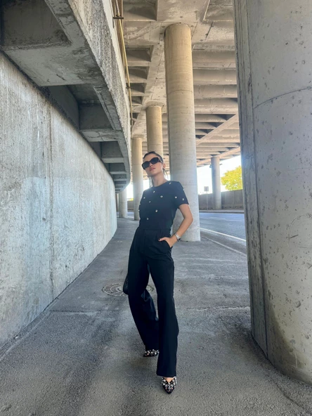 İthal ATLAS KUMAŞ ÖZEL DİKİLMİŞ TAŞ TASARIMLI İKİLİ TAKIM TİŞÖRT PANTOLON - 5