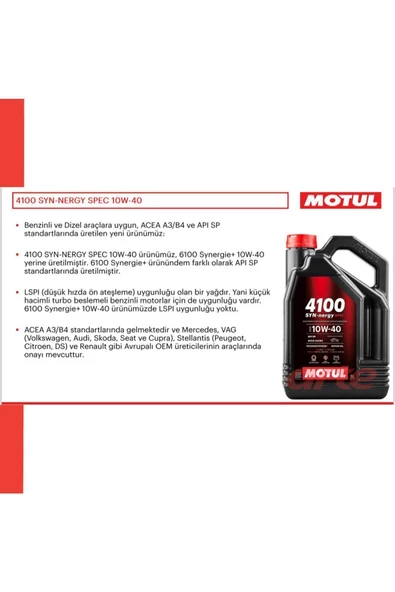 Motul 4100 Syn-nergy Spec 10w-40 4l %100 Sentetik (6100)