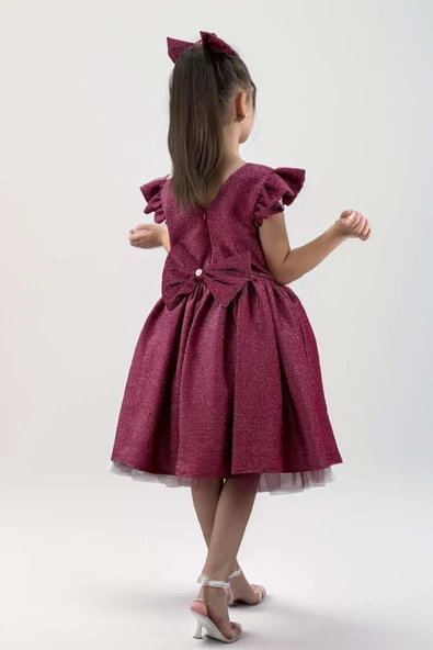 Kız Çocuk Omzu Fırfırlı Parıldayan Delica Mor Elbise - Resim 2