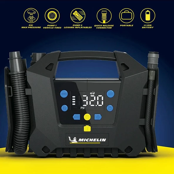 Michelin Mc34259 11.1Volt/2.5Ah.120psı Ayarlanabilir Dijital Basınç Göstergeli Şarjlı Lastik&Yatak Şişirme Pompası - 4