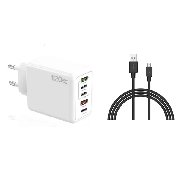 ScHitec 120W 3 Type-C + 2 UsbA Toplam 5 Çıkışlı Tecno TCD-M11 USB-A to Micro 2A Kablolu Şarj Aleti Beyaz SR104