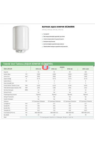 Baymak Aqua Konfor Silindirik 50 Litre Elektrikli Termosifon MTK-50 (Montaj Hariç) - 3