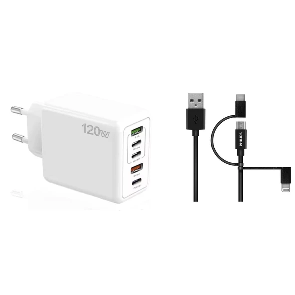 ScHitec 120W 3 Type-C + 2 UsbA Toplam 5 Çıkışlı Philips 3in1 Micro Usb-Lightining-Type-C Kablolu 2m  Şarj Aleti Beyaz SR104