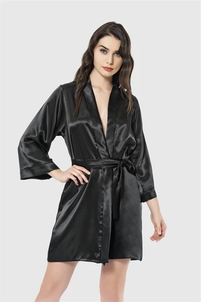 Shopidik  Siyah Kısa Saten Sabahlık