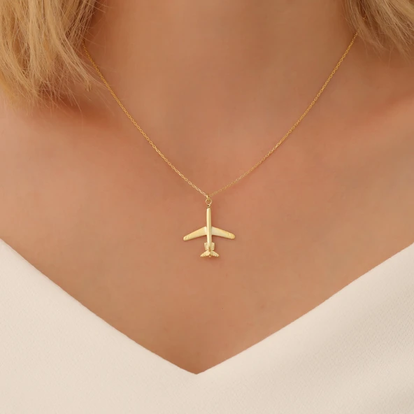 14 Ayar Mikron Altın Kaplama Uçak Tasarım Gümüş Kolye - CN00303 ürün görseli 1