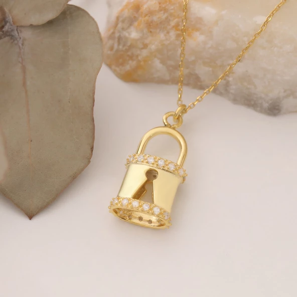 925 Ayar Gümüş Taşlı Kilit Temalı Kolye - Resim 4