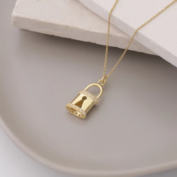 925 Ayar Gümüş Taşlı Kilit Temalı Kolye - Resim 2