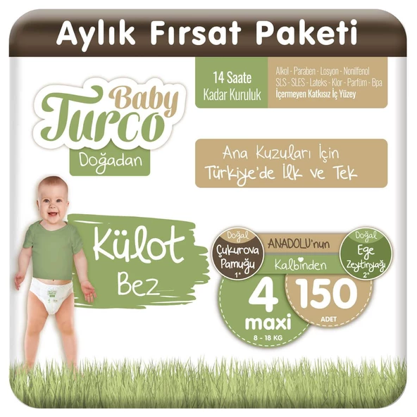 Baby Turco Doğadan Külot Bez 4 Numara Maxi 150 Adet