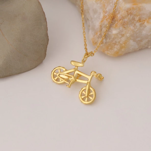 14 Ayar Mikron Altın Kaplama Bisiklet Tasarım Gümüş Kolye - CN00304 - Resim 2