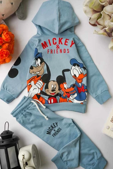 Life For Moda Mickey Friends Baskılı Unisex Çocuk Kapüşonlu 3 İplik Eşofman Takımı