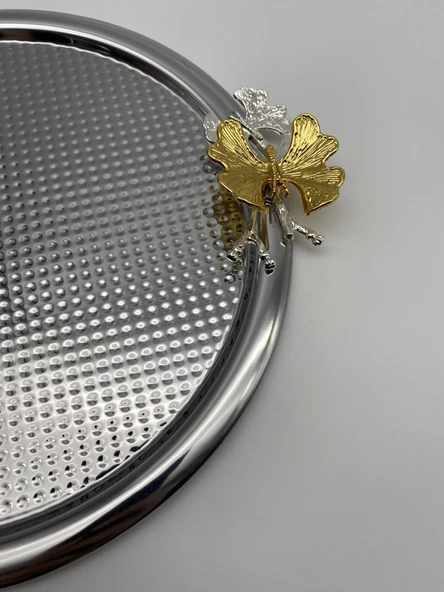 2'li Kelebekli Yuvarlak Gümüş Çay ve Kahve Sunum Tepsisi, Dekoratif Servis Tepsisi 22cm Tek kişilik - 6