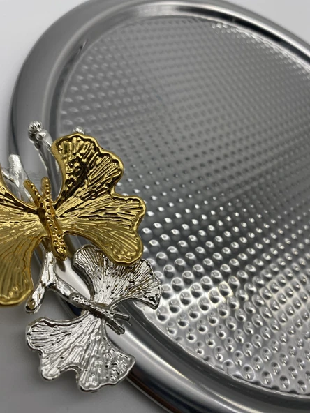 2'li Kelebekli Yuvarlak Gümüş Çay ve Kahve Sunum Tepsisi, Dekoratif Servis Tepsisi 22cm Tek kişilik - 7
