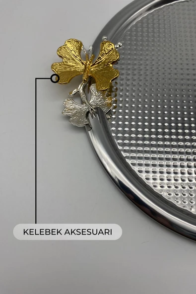 2'li Kelebekli Yuvarlak Gümüş Çay ve Kahve Sunum Tepsisi, Dekoratif Servis Tepsisi 22cm Tek kişilik - 5