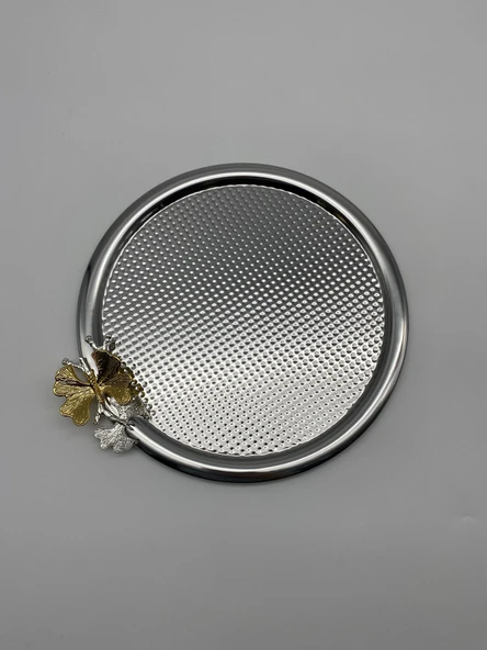 2'li Kelebekli Yuvarlak Gümüş Çay ve Kahve Sunum Tepsisi, Dekoratif Servis Tepsisi 22cm Tek kişilik - 4