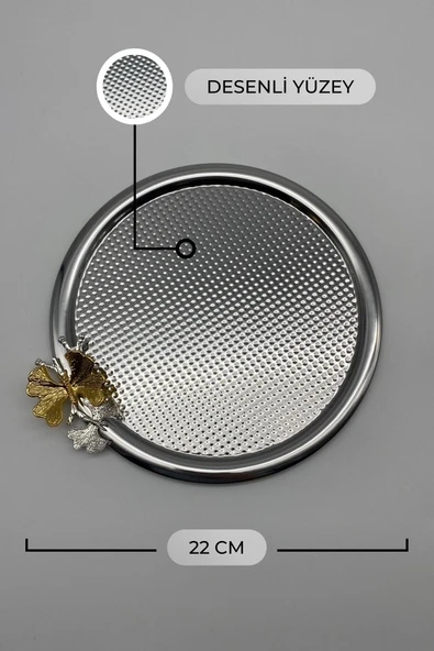 2'li Kelebekli Yuvarlak Gümüş Çay ve Kahve Sunum Tepsisi, Dekoratif Servis Tepsisi 22cm Tek kişilik - 3