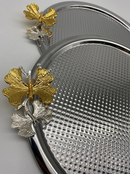 2'li Kelebekli Yuvarlak Gümüş Çay ve Kahve Sunum Tepsisi, Dekoratif Servis Tepsisi 22cm Tek kişilik - 2