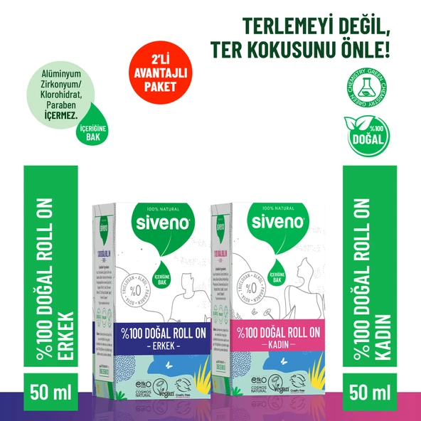 Siveno %100 Doğal Roll On Kadın & Erkek Deodorant Ter Kokusu Önleyici Bitkisel Lekesiz Vegan 50 ml Set