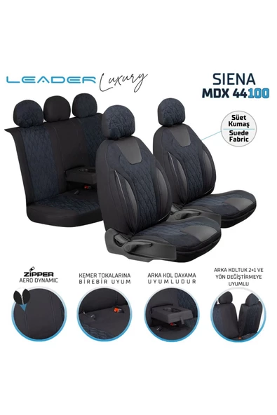 Freshstart    Freshstart Geely Familia Uyumlu Süet Oto Koltuk Kılıfı Ön Arka Set Siyah Siena Model FS - 2