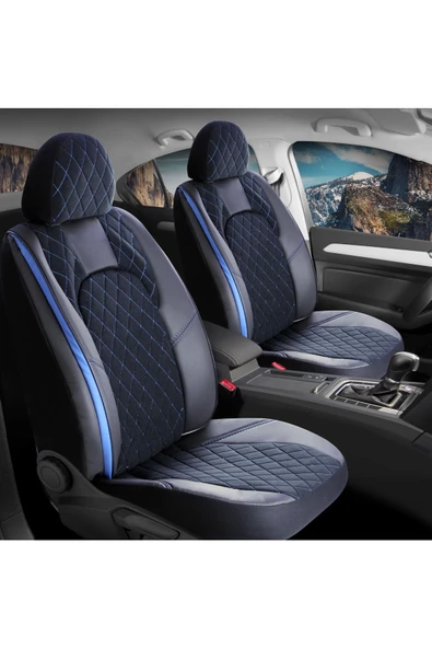 Freshstart    Freshstart Mercedes ML Uyumlu Deri Detaylı Oto Koltuk Kılıfı Ön Arka Set Chester Serisi Siyah Mavi FS