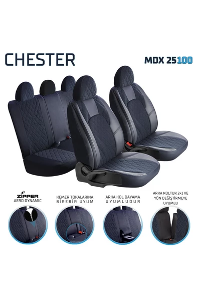 Freshstart    Freshstart Ford Fiesta Eski Uyumlu Deri Detaylı Oto Koltuk Kılıfı Ön Arka Set Chester Serisi Siyah FS - 2