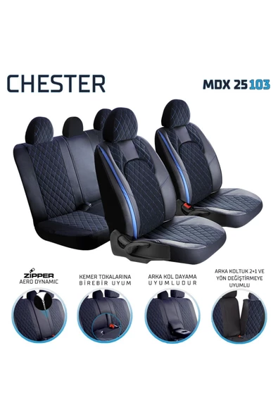 Freshstart    Freshstart Fiat Fullback Uyumlu Deri Detaylı Oto Koltuk Kılıfı Ön Arka Set Chester Serisi Siyah Mavi FS - 2