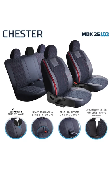 Freshstart    Freshstart Citroen C-Elysee Uyumlu Deri Detaylı Oto Koltuk Kılıfı Ön Arka Set Chester Serisi Siyah Kırmızı FS - 2