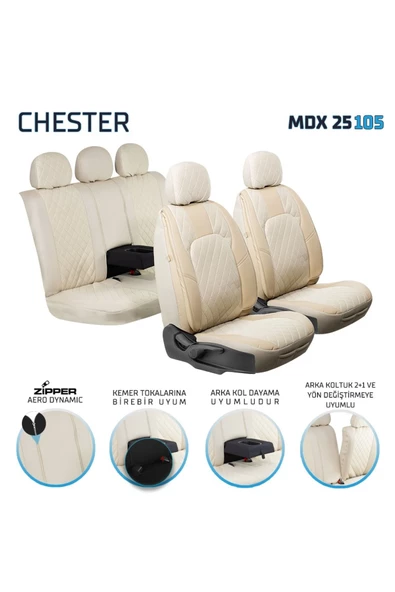 Freshstart    Freshstart Opel Corsa D Uyumlu Lüx Deri Oto Koltuk Kılıfı Ön Arka Set Chester Serisi Bej FS - 2