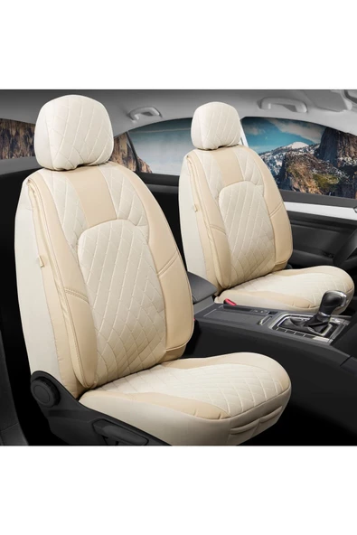 Freshstart    Freshstart Ford Fiesta Yeni Uyumlu Lüx Deri Oto Koltuk Kılıfı Ön Arka Set Chester Serisi Bej FS