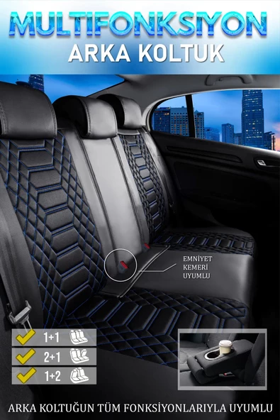 Freshstart    Freshstart Volkswagen Golf 4 Uyumlu Lüx Deri Oto Koltuk Kılıfı Ön Arka Takım Marjinal Series Siyah Mavi - 2