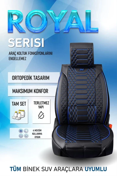 Freshstart    Freshstart Volkswagen Golf 4 Uyumlu Lüx Deri Oto Koltuk Kılıfı Ön Arka Takım Marjinal Series Siyah Mavi - 7