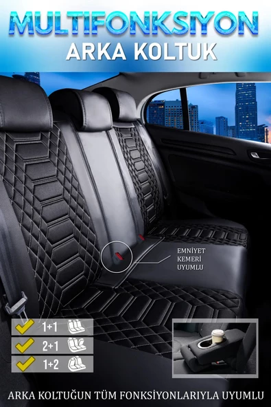 Freshstart    Freshstart Fiat Bravo Uyumlu Lüx Deri Oto Koltuk Kılıfı Ön Arka Takım Marjinal Series Siyah - 2