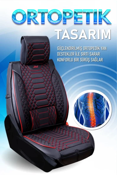 Freshstart    Freshstart Chevrolet Captiva Uyumlu Lüx Deri Oto Koltuk Kılıfı Ön Arka Takım Marjinal Series Siyah Kırmızı - 5