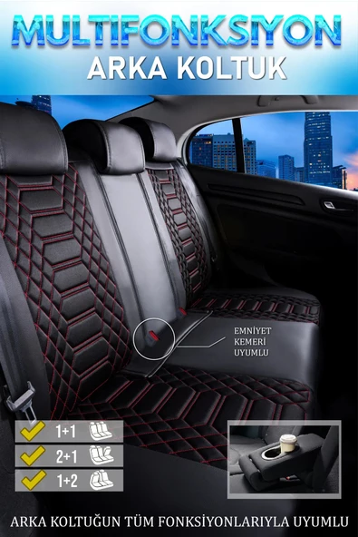 Freshstart    Freshstart Volkswagen Golf 6 Uyumlu Lüx Deri Oto Koltuk Kılıfı Ön Arka Takım Marjinal Series Siyah Kırmızı - 2
