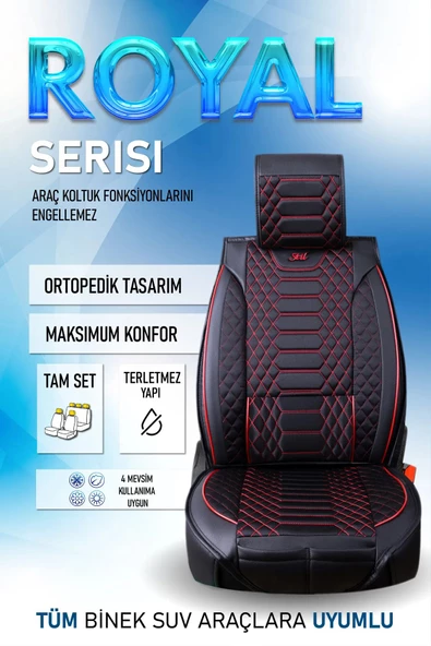 Freshstart    Freshstart Volkswagen Golf 6 Uyumlu Lüx Deri Oto Koltuk Kılıfı Ön Arka Takım Marjinal Series Siyah Kırmızı - 6