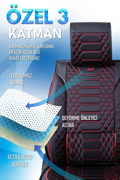Freshstart    Freshstart F o r d Ranger Yeni Uyumlu Lüx Deri Oto Koltuk Kılıfı Ön Arka Takım Marjinal Series Siyah Kırmızı - 3