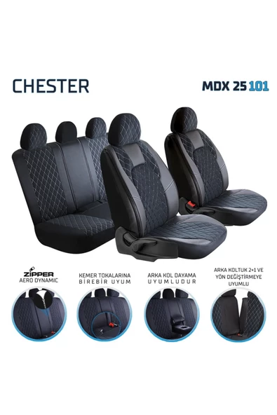 Freshstart    Freshstart Citroen C-Elysee Uyumlu Deri Detaylı Oto Koltuk Kılıfı Ön Arka Set Chester Serisi Siyah Beyaz FS - Resim 2