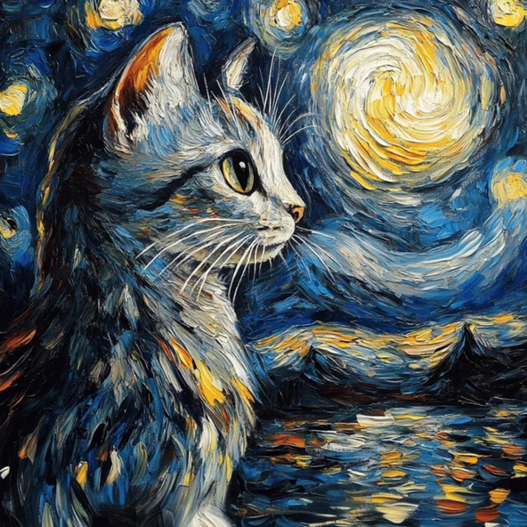 Yıldızlı Gece Kedi Posteri, Akıllı Kağıt Premium Eşsiz Tasarım Poster, Van Gogh Tablo,Duvar Posteri - 6