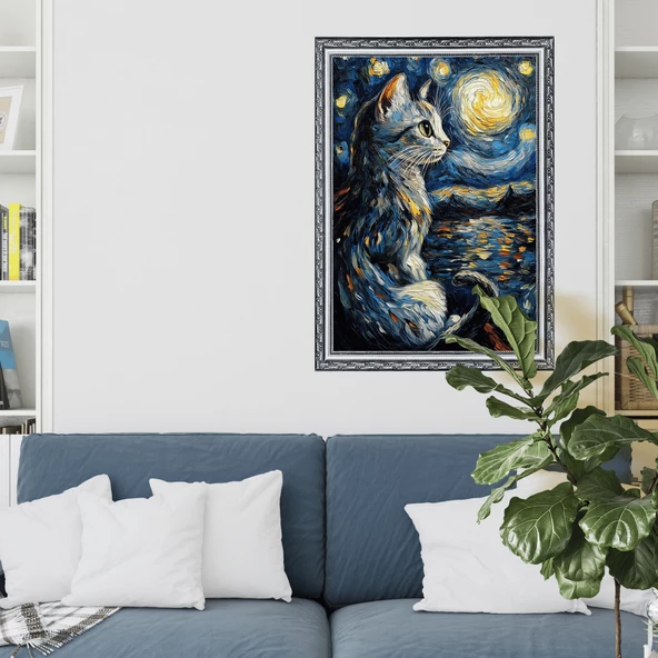 Yıldızlı Gece Kedi Posteri, Akıllı Kağıt Premium Eşsiz Tasarım Poster, Van Gogh Tablo,Duvar Posteri - 8