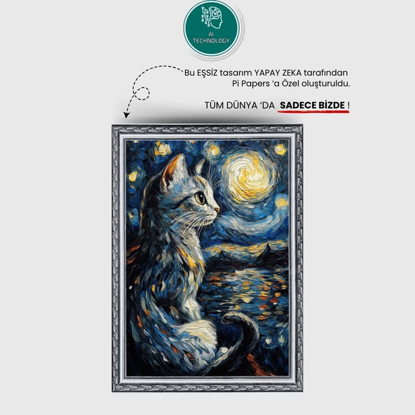 Yıldızlı Gece Kedi Posteri, Akıllı Kağıt Premium Eşsiz Tasarım Poster, Van Gogh Tablo,Duvar Posteri - 4