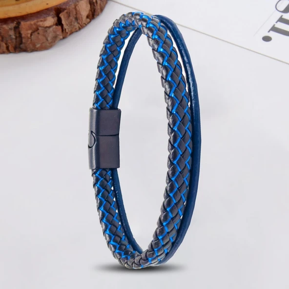 Mavi Renk Çoklu Deri Bileklik - Resim 2