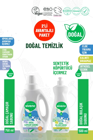 Siveno %100 Doğal Çamaşır Sabunu 750 ml & Bulaşık Sabunu 500 ml Set