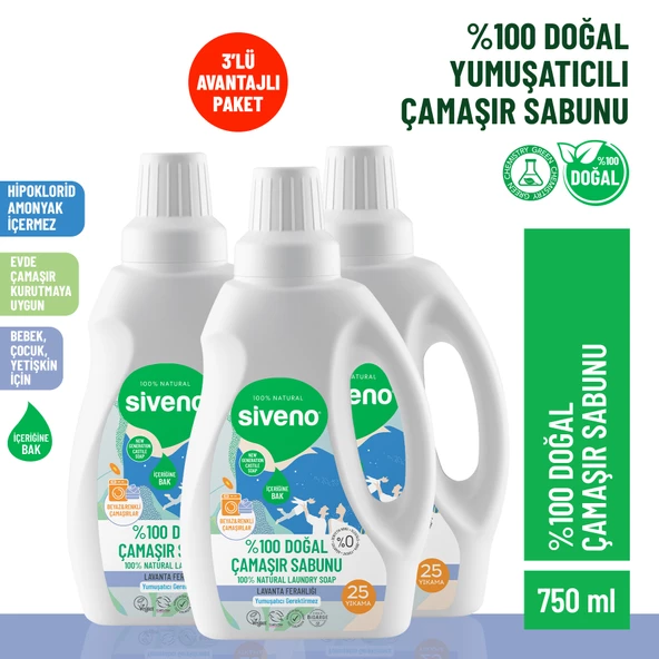 Siveno %100 Doğal Çamaşır Sabunu %100 Bitkisel Deterjan Yumuşatıcı Gerektirmez Konsantre 750 ml X 3 Adet