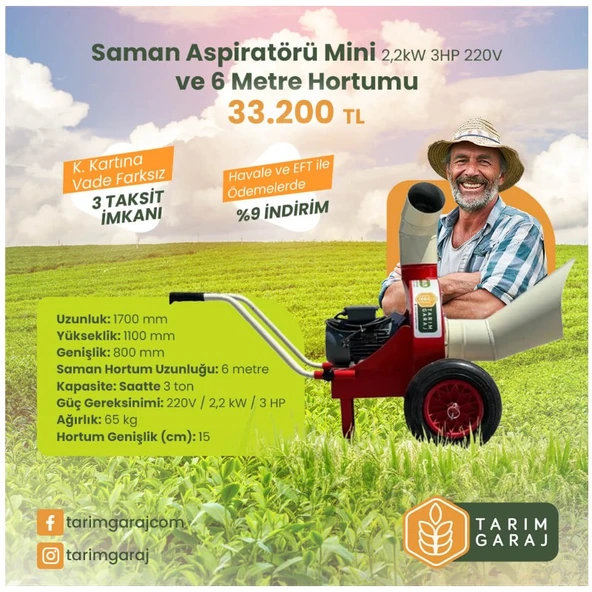 Saman Aspiratörü Mini 2,2kW 3HP 220V ve 6 Metre Hortumu - Resim 2