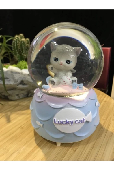 Kar Tanesi Püskürtmeli Işıklı Şanslı Sevimli Kedi Lucky Cat Kar Küresi Müzik Kutusu