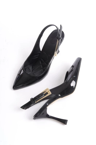 Piyat Siyah Rugan Stiletto Altın Dore Renk Tokalı Abiye Ayakkabı - 2