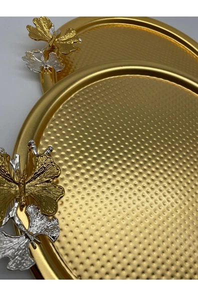 2'li Kelebekli Yuvarlak Gold Çay ve Kahve Sunum Tepsisi, Dekoratif Servis Tepsisi 22cm Tek Kişilik - 2