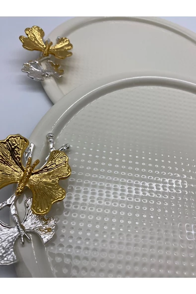 2'li Kelebekli Yuvarlak Krem Çay ve Kahve Sunum Tepsisi, Dekoratif Servis Tepsisi 22cm Tek kişilik - 2